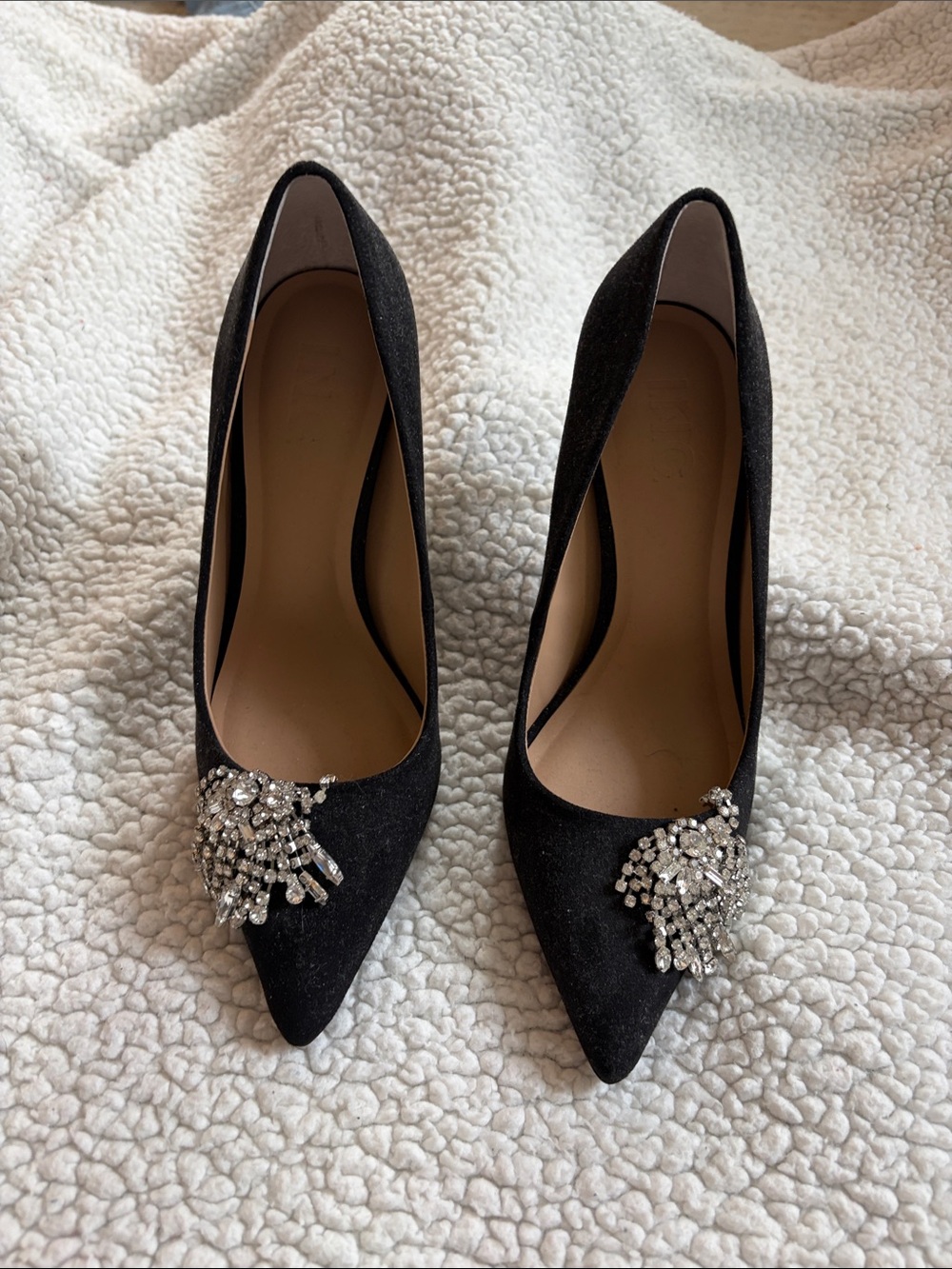 INC International Concepts Black Pointed Toe Heels with Crystal Brooch